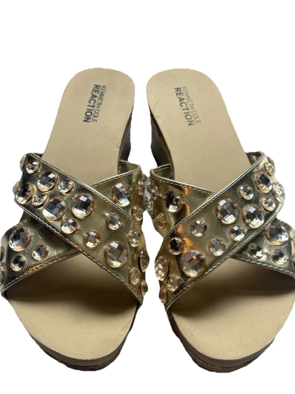 Kenneth Cole Reaction Gold Jeweled Cork Wedge Slide Sandals Womens 7.5M Y2K